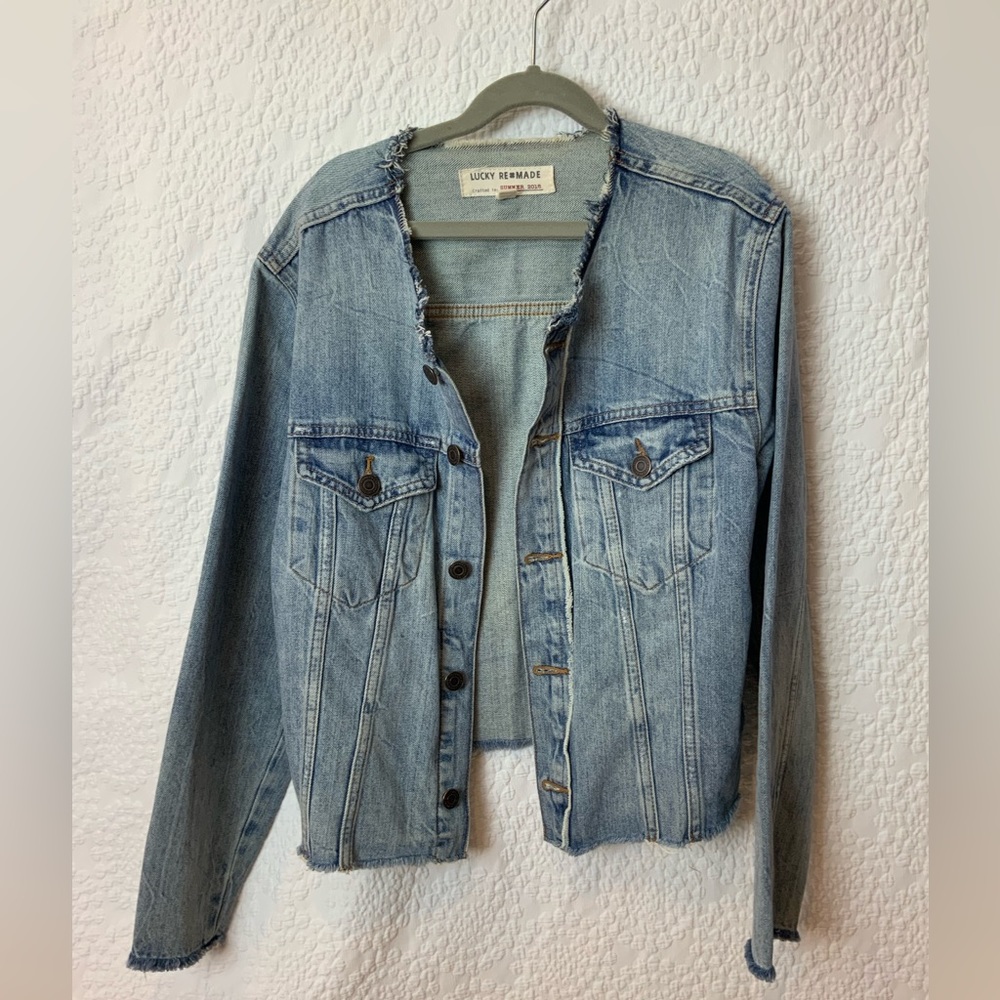Lucky remade denim trucker jean jacket distressed size med excellent condition